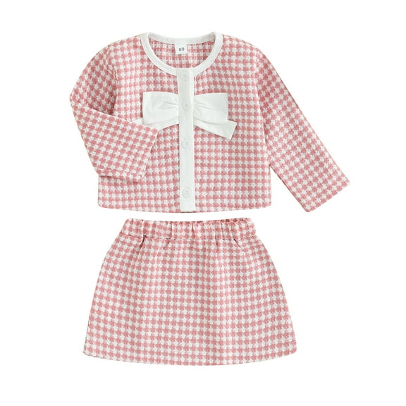 Musuos Little Girl Sweet Style 2Pcs Outfit 3Y 4Y 5Y 6Y Tweed Houndstooth Print Long Sleeve Button Front Jacket Elastic Waist A-Line Skirt Set