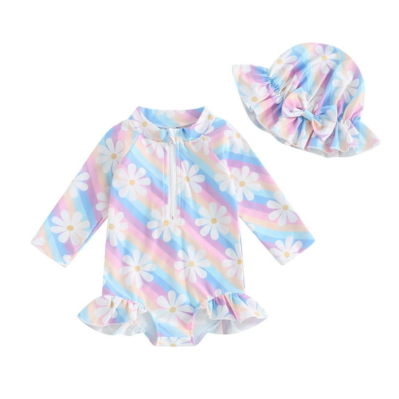 Musuos Little Girl Swimwear Set, 6 12 18 24M 3 4 5Y Long Sleeve Zip Up Round Neck Rash Guard Floral Swimsuit + Bow Sun Hat Toddler Bathing Suit