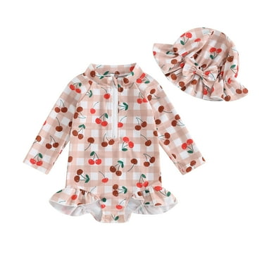 Musuos Little Girl Swimwear Set, 6 12 18 24M 3 4 5Y Long Sleeve Zip Up Round Neck Rash Guard Floral Swimsuit + Bow Sun Hat Toddler Bathing Suit