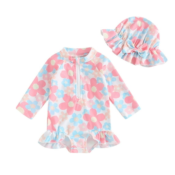 Musuos Little Girl Swimwear Set, 6 12 18 24M 3 4 5Y Long Sleeve Zip Up Round Neck Rash Guard Floral Swimsuit + Bow Sun Hat Toddler Bathing Suit