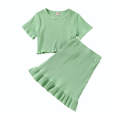 Musuos Little Girl’s 2-Piece MIdi Skirt Set Short Sleeve Crew Neck T-shirt and Elastic Ruffles Skirt Summer Outfits for Toddler, 2-7 Years
