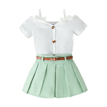 Musuos Little Girls 2Pcs Skirt Set 1-5 Years Off Shoulder Short Sleeve Strap Tops   Pleated Skirt Set Toddler Fasion Summer Outfit