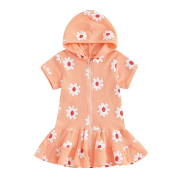 Musuos Little Girls Beach Swim Cover Up 1-5 Years Strawberry/Floral Print Zip Up Short Sleeve Hooded Waffle Bathing Suit Wraps