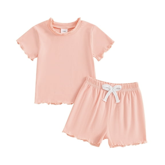 Musuos Little Girls Casual Clothes Set, 1-5 Years Solid Color Short Sleeve Crew Neck T-shirt with Elastic Waist Shorts Summer Outfit