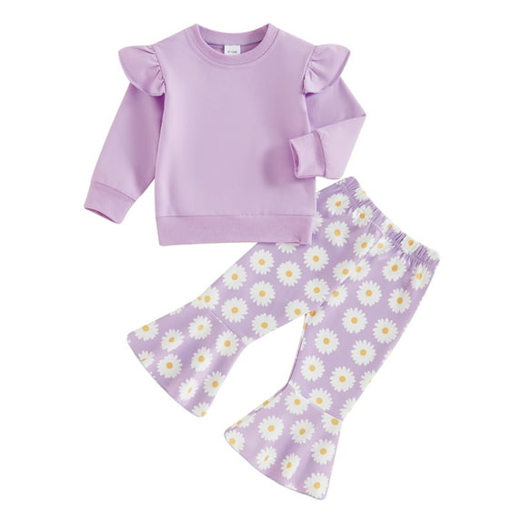 Musuos Little Girls Fall Pants Sets 1-5Years Long Sleeve Solid Color Pullover Tops + Floral Flared Pants Sets Toddler Casual Clothing