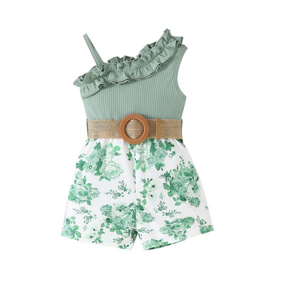 Musuos Little Girls Fashion Summer Jumpsuit, 9M 12M 18M 24M 3Y 4Y Sleeveless Ruffled Flower Print Romper Clothes with Belt for Casual Daily