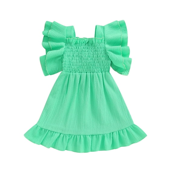 Musuos Little Girls Solid Casual Dress 1-5Years Ruffled Trim Flutter Sleeve Square Neck Smocked Silhouette Back Cut-out Summer Dresses