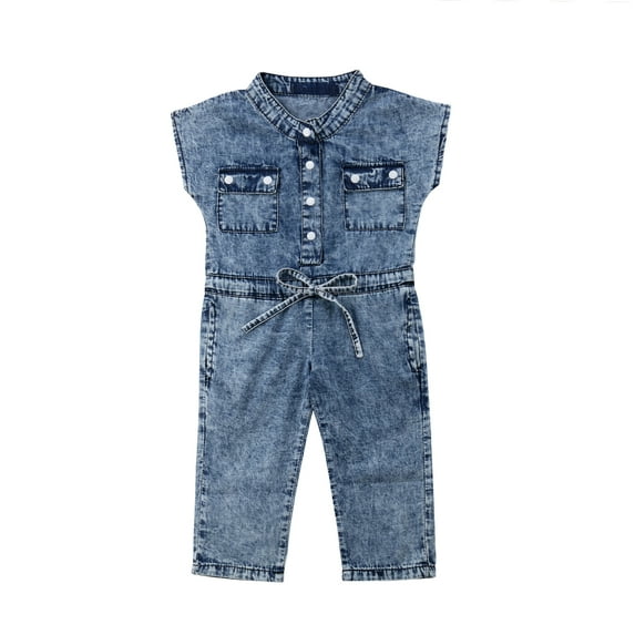 Musuos Little Girls Summer Denim Jumpsuit Folded Collar Button-Down Clothes
