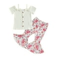thumbnail image 1 of Musuos Little Girls Summer Outfits, Short Sleeve Cold Shoulder Button Down Ribbed Tops + Flower Print Flare Pants Set, 1-5 Years, 1 of 10