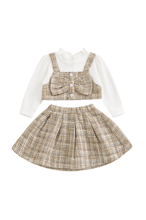 Little Girls Tweed Skirt Outfit, 6M-4T Plaid Long Sleeve Fake Two-Piece Crop Tops Elastic Waist Skirt 2 Piece Set for Fall