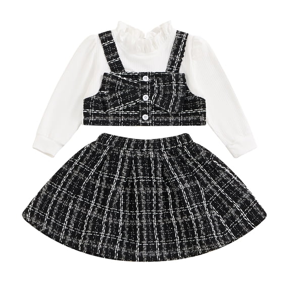 Musuos Little Girls Tweed Skirt Outfit, 6M-4T Plaid Long Sleeve Fake Two-Piece Crop Tops Elastic Waist Skirt 2 Piece Set for Fall