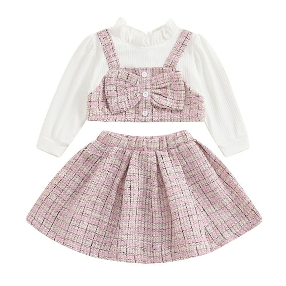 Musuos Little Girls Tweed Skirt Outfit, 6M-4T Plaid Long Sleeve Fake Two-Piece Crop Tops Elastic Waist Skirt 2 Piece Set for Fall