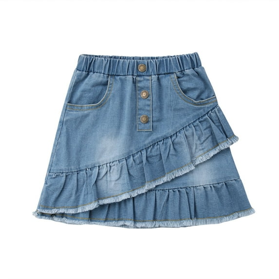 Musuos Little Girls a-line Pleated Skirts, 1-9T Summer High Waist Denim Mini Ruffles Skirts, Blue