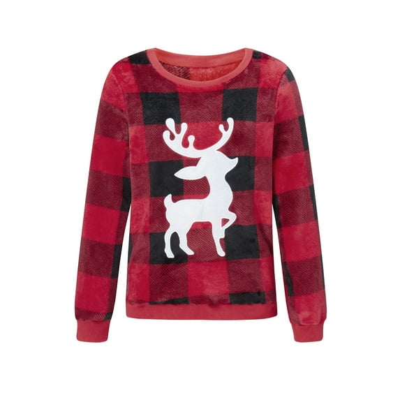 Musuos Matching Family Christmas Sweatshirts Long Sleeve Round Neck Reindeer Graphic Pullovers Plaid Tops