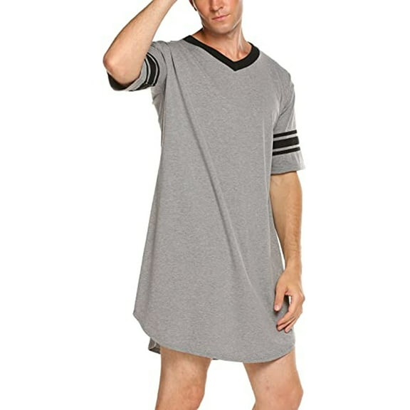 Musuos Men Cotton Nightshirt, Short Sleeve V-neck Soft Loose Nightwear, Blue/ Grey/ Black/ Red