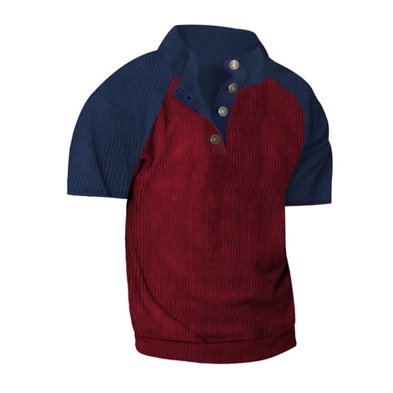 Musuos Men Summer Corduroy T-Shirt Contrast Color 1/3 Button Short Sleeve Tops Casual Pullover