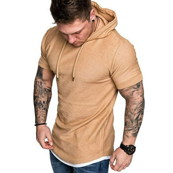 Musuos Men Summer Hoodie Short Sleeve Solid Color Sweatshirt Hip Hop Pullover