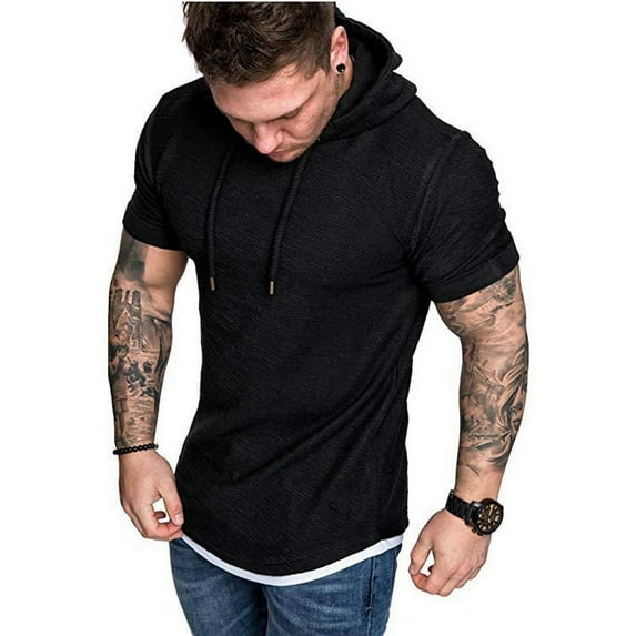 Musuos Men Summer Hoodie Short Sleeve Solid Color Sweatshirt Hip Hop Pullover