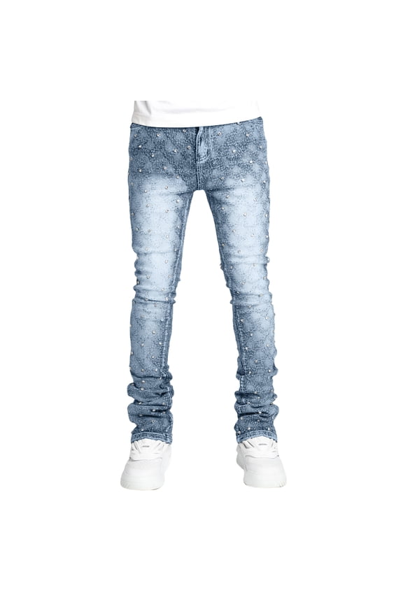 Men's Fasion Skinny Jeans Rhinestone Streetwear Denim Long Pants with Pockets