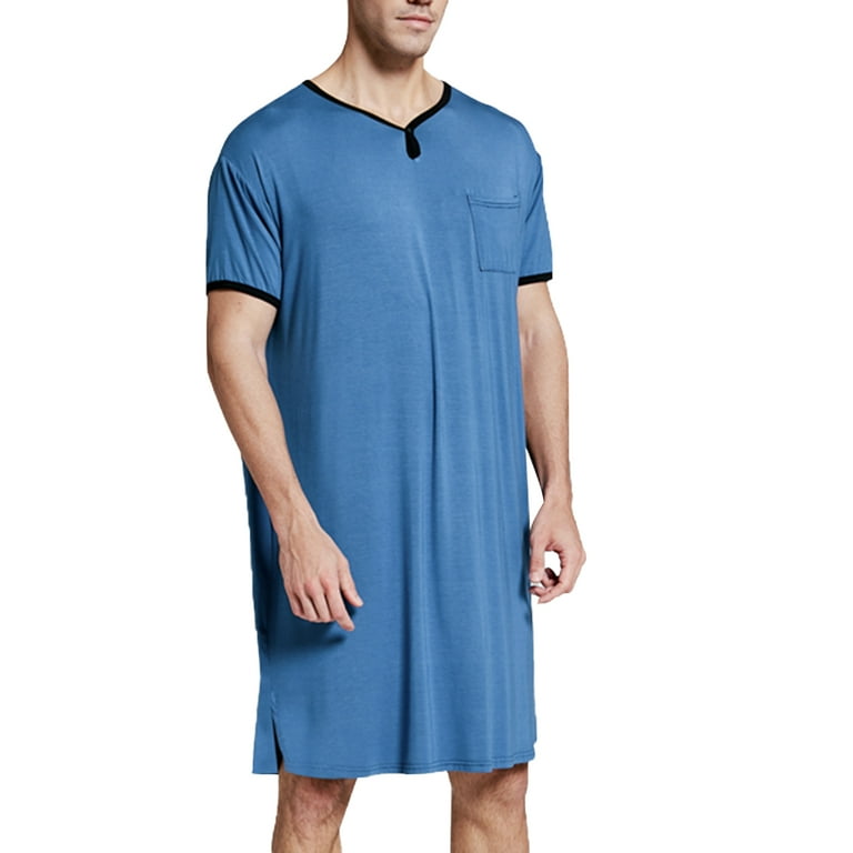 Musuos Men's V-Neck Nightgown, Short Sleeves, Loose Fit