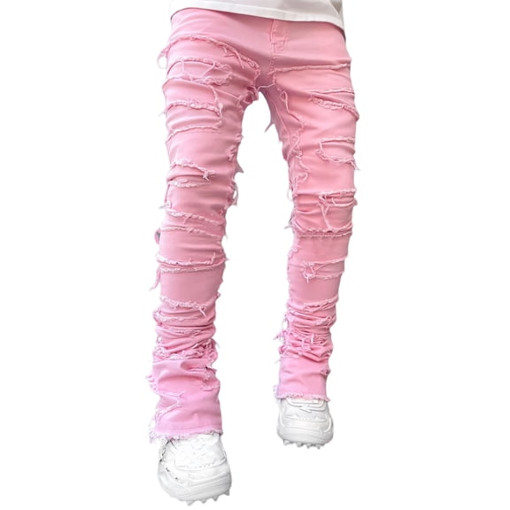 Musuos Men's Regular Fit Stacked Jeans Patch Distressed Destroyed Straight Denim Pants Streetwear Clothes