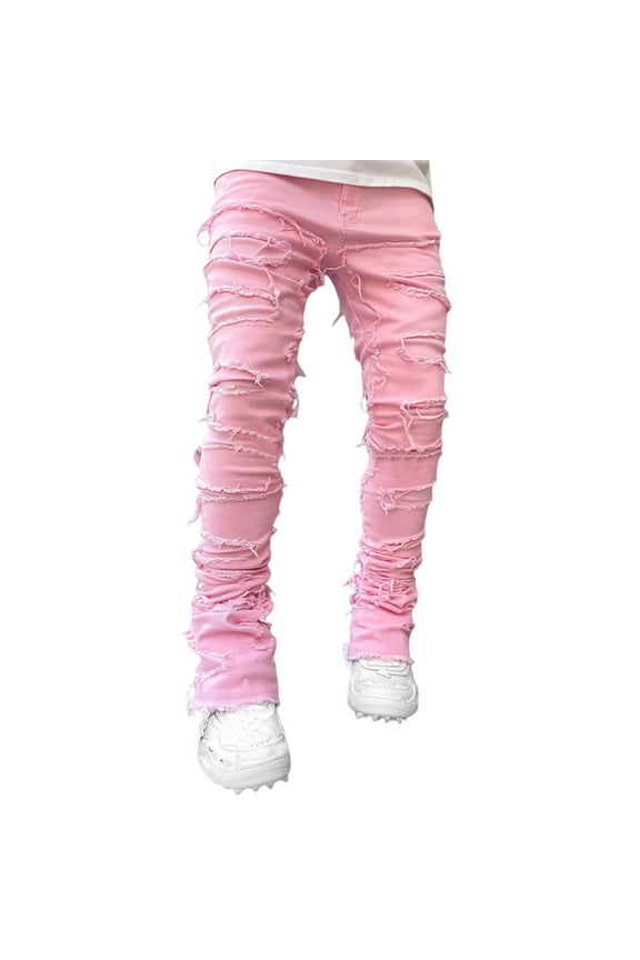 Men's Regular Fit Stacked Jeans Patch Distressed Destroyed Straight Denim Pants Streetwear Clothes