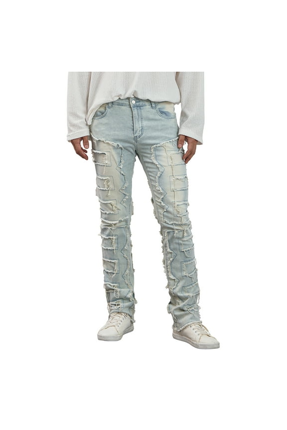 Men's Regular Fit Stacked Jeans Patch Distressed Destroyed Straight Denim Pants Streetwear Clothes