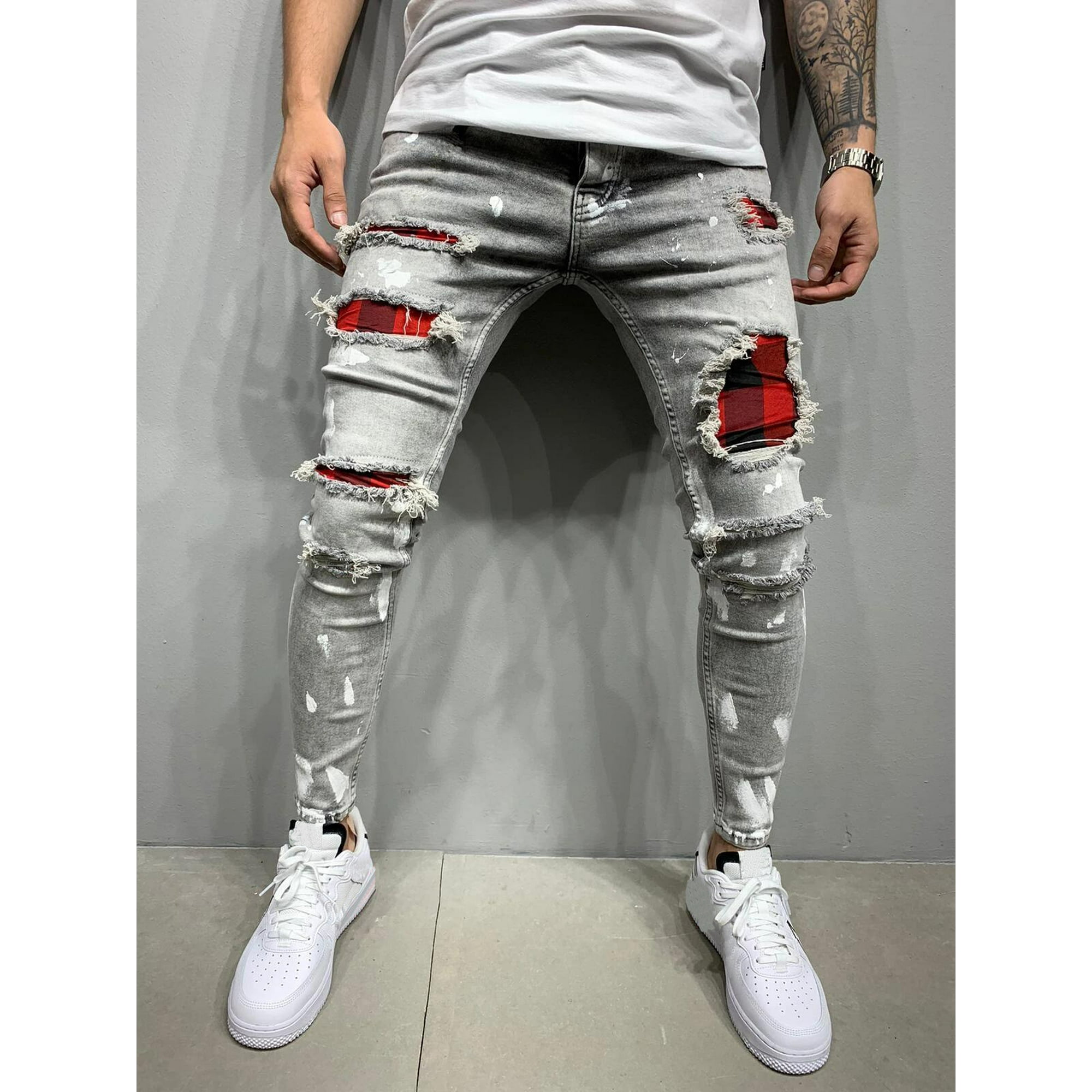Ende legeplads Pompeji Musuos Men´s Slim Ripped Patch Jeans, Stretch Tapered Leg Long Skinny Denim  Pants for Casual and Street Shoot - Walmart.com