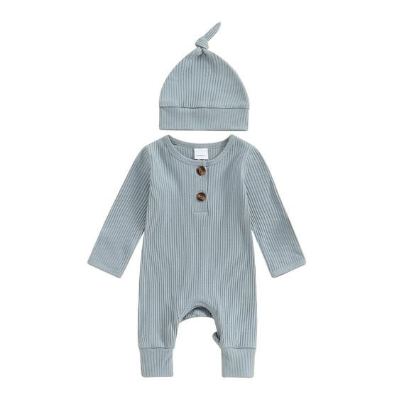 Musuos NewBorn Baby Girls Boys Autumn Romper 3 6M Long Sleeve Crew Neck Solid Color Ribbed Button Jumpsuit with Hat