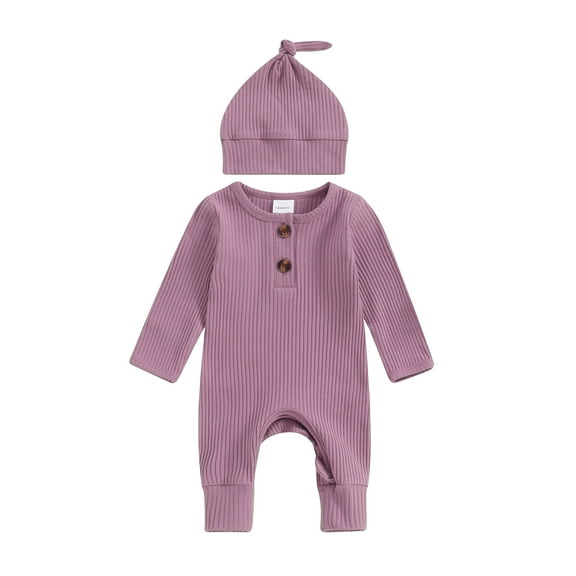 Musuos NewBorn Baby Girls Boys Autumn Romper 3 6M Long Sleeve Crew Neck Solid Color Ribbed Button Jumpsuit with Hat