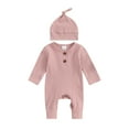 thumbnail image 1 of Musuos NewBorn Baby Girls Boys Autumn Romper 3 6M Long Sleeve Crew Neck Solid Color Ribbed Button Jumpsuit with Hat, 1 of 9