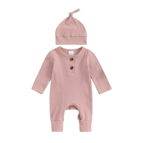 Musuos NewBorn Baby Girls Boys Autumn Romper 3 6M Long Sleeve Crew Neck Solid Color Ribbed Button Jumpsuit with Hat