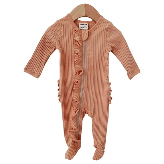 Musuos Newborn Baby Boy Girls One-piece Footed Pajamas Solid Color Long Sleeve Round Neck Ruffle Nightclothes