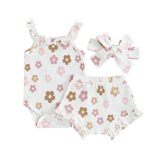 Musuos Newborn Baby Girls Shorts Set, 3M 6M 12M 18M Flower Print Sleeveless Romper with Shorts and Hairband Summer Outfit