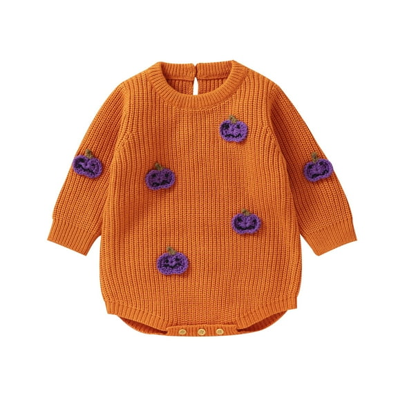 Musuos Newborn Baby Halloween Knit Romper 0-18Months Pumpkin Embroidery Round Neck Long Sleeve Sweater Jumpsuit Fall Winter Warm Tops