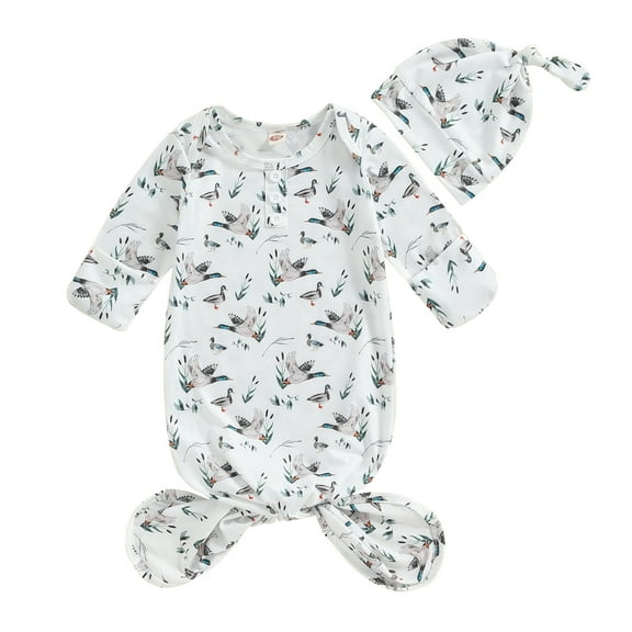 Musuos Newborn Baby Knotted Gown with Hat 0-3M Long Sleeve Duck Print Sleeper Sleeping Bag Cap Set for Boys Girls
