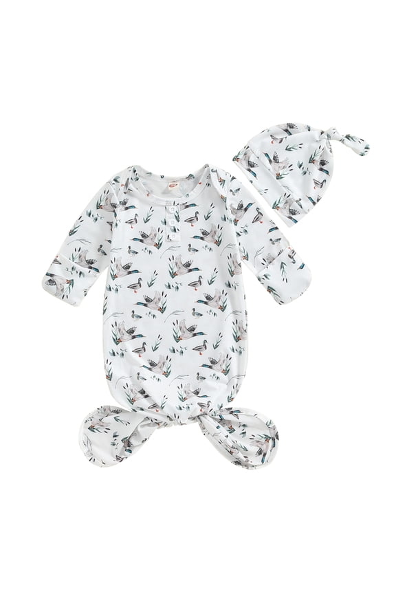 Newborn Baby Knotted Gown with Hat 0-3M Long Sleeve Duck Print Sleeper Sleeping Bag Cap Set for Boys Girls