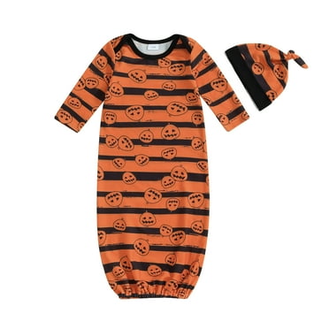 Musuos Newborn Baby Long Sleeve Sleeping Sack Halloween Striped Pumpkin Print Baby Wearable Blanket and Beanies Hat Set
