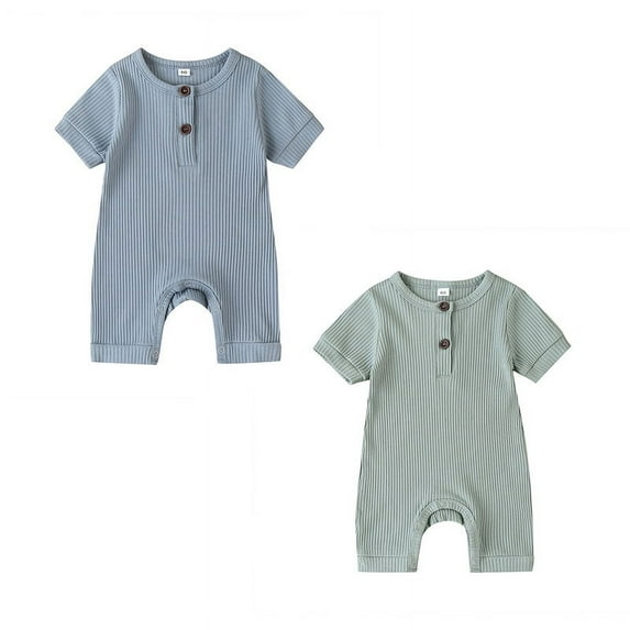 Musuos Newborn Baby Short Sleeve Romper 3 6 9 12 18M Knit Ribbed Solid Color Cotton O-Neck Button Jumpsuits