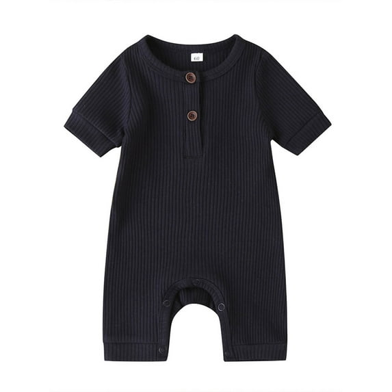 Musuos Newborn Baby Short Sleeve Romper 3 6 9 12 18M Knit Ribbed Solid Color Cotton O-Neck Button Jumpsuits