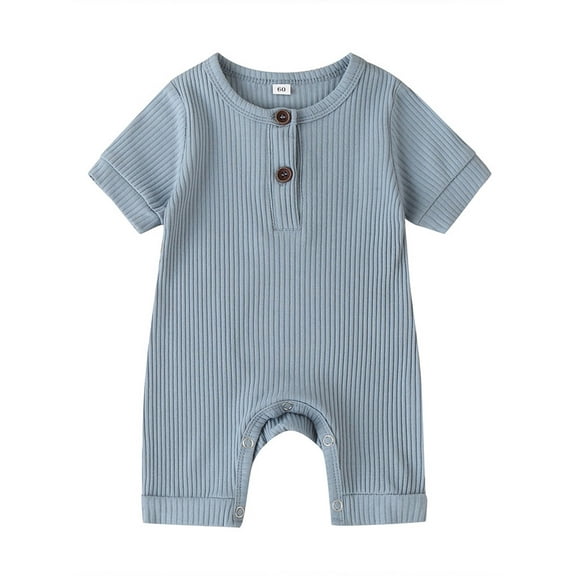 Musuos Newborn Baby Short Sleeve Romper 3 6 9 12 18M Knit Ribbed Solid Color Cotton O-Neck Button Jumpsuits