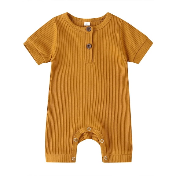 Musuos Newborn Baby Short Sleeve Romper 3 6 9 12 18M Knit Ribbed Solid Color Cotton O-Neck Button Jumpsuits