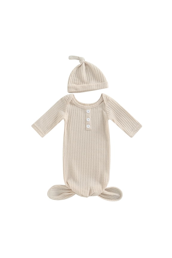 Newborn Baby Waffle Knit Swaddle, 0-3 Months Long Sleeve Round Neck Loose Hem Blanket Wrap + Hat Soild Color Clothes Set