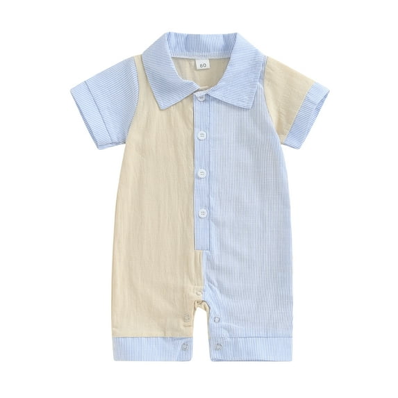 Musuos Newborn Boy Causal Jumpsuit 0-18Months Summer Short Sleeve Lapel Collar Stripes Print Romper