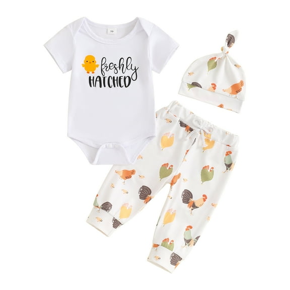 Musuos Newborn Boys 3PCs Outfit, 3M 6M 12M 18M Letters Print Short Sleeve Romper Chicken Print Long Pants and Hat Infant Baby Clothes