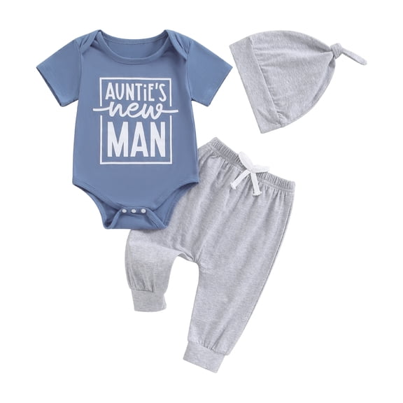 Musuos Newborn Boys 3Pcs Casual Clothes 3M 6M Short Sleeve Letter Print Romper   Elastic Long Pants   Hat Set Baby Summer Clothes