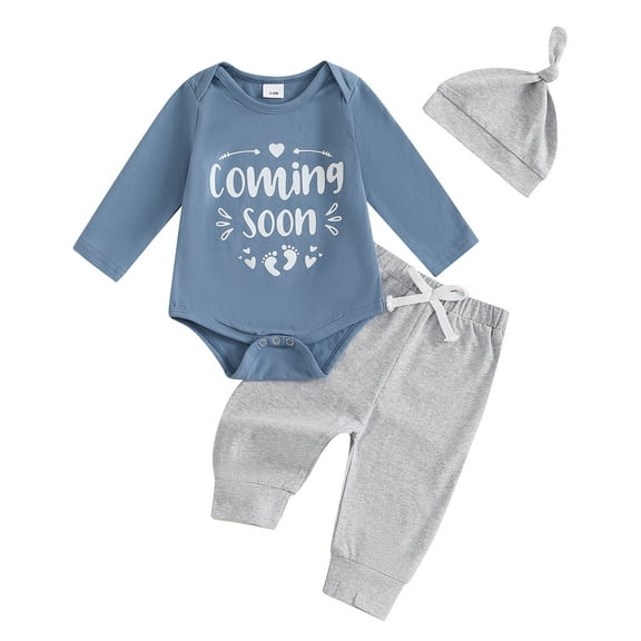 Musuos Newborn Boys 3Pieces Spring Fall Clothes Set, 0-6M Long Sleeve Letters Print Romper with Elastic Sweatpants and Hat Set