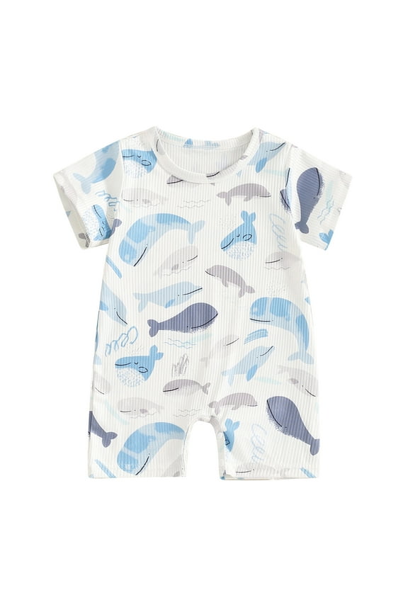 Newborn Boys Summer Romper 0-18Months Short Sleeve Crew Neck Ocean Animal Print Jumpsuit Infant Casual Clothes