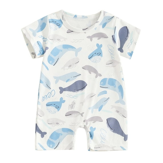 Musuos Newborn Boys Summer Romper 0-18Months Short Sleeve Crew Neck Ocean Animal Print Jumpsuit Infant Casual Clothes