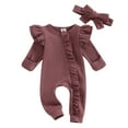 thumbnail image 1 of Musuos Newborn Girl Autumn Jumpsuit 3 6 12M Solid Color Round Neck Flying Sleeve Ruffled Zipper Romper with Bow Headband, 1 of 10